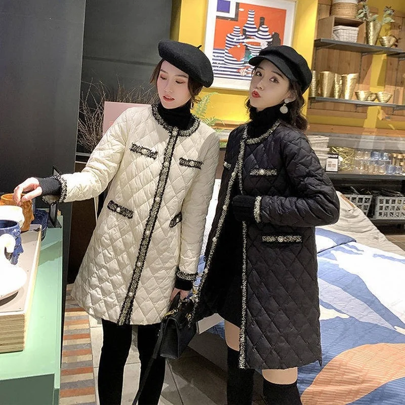 Women Elegant O Neck Button Lightweight Long Warm Outerwear Tassels Patchwork Female Black Padded Jacket 2021 Winter Wadded Coat