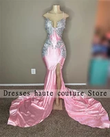 sexy appliques beaded pink mermaid prom dresses spaghetti straps ruffles evening dresses birthday party gowns