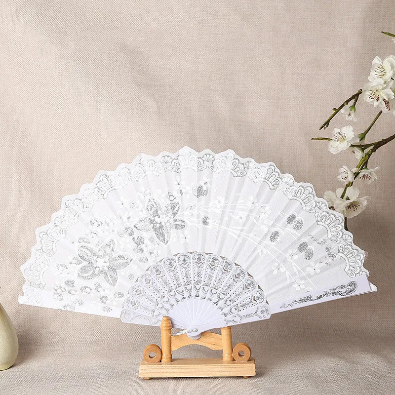 

50pcs White Rod Silver Powder Folding Fan Spanish Glitter Foldable Dance Hand Fans with Flowers Dance Performance Gift Favor