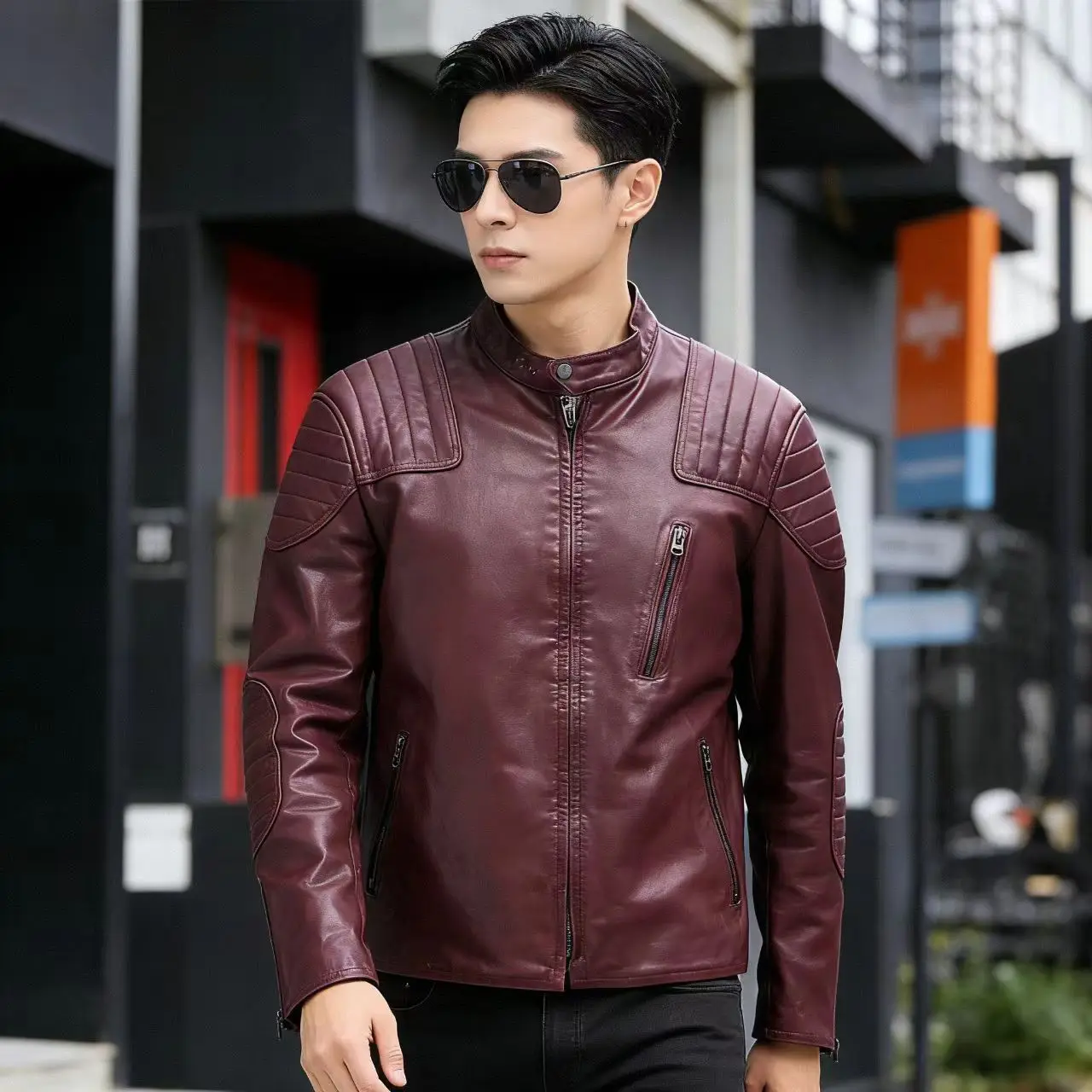 Фото Мужская кожаная куртка-бомбер Slim Fit из натуральной воловьей кожи, цвет винно-красный, модная повседневная верхняя одежда для весны и осени, 2026 год, лидер продаж №1