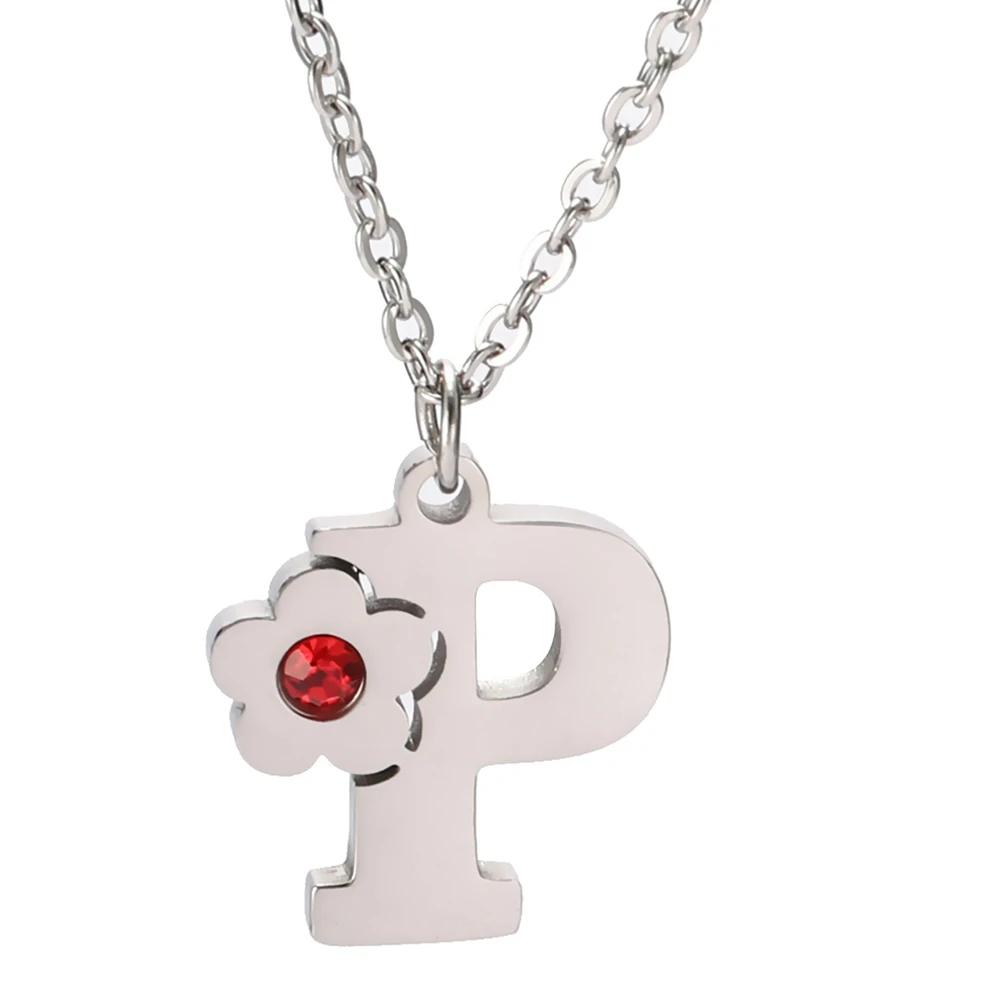 

Stainless Steel Jewelry Steel Color 13.5x15mm Red Crystal Flower Capital Letter P Pendant Necklace With 45+5cm Link Chain