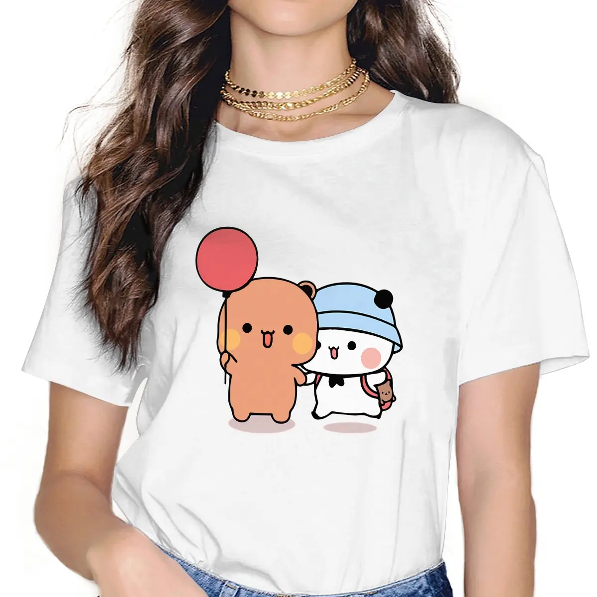 

Bear and Panda Balloon Women's T Shirt Milk and Mocha Bubu Dudu Ladies Tees Kawaii Polyester Tops Graphic Tshirt y2k Hipster