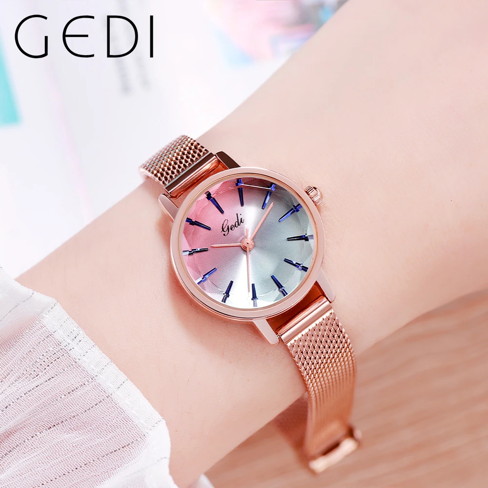 GEDI Waterproof Multi-color Ladies Watches Top Brand Luxury Fashion Quartz Wrist Watches for Women Milanese Steel Strap Relogios