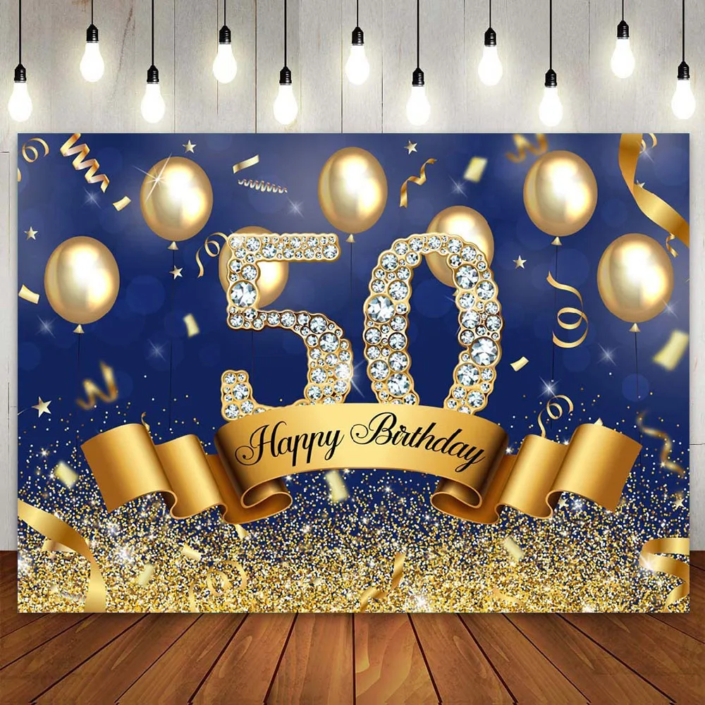 

Happy 50th Birthday 7x5ft Navy Blue Gold for Woman Party Backdrop Banner Photo Booth Background Glitter Diamond Balloon Sequin