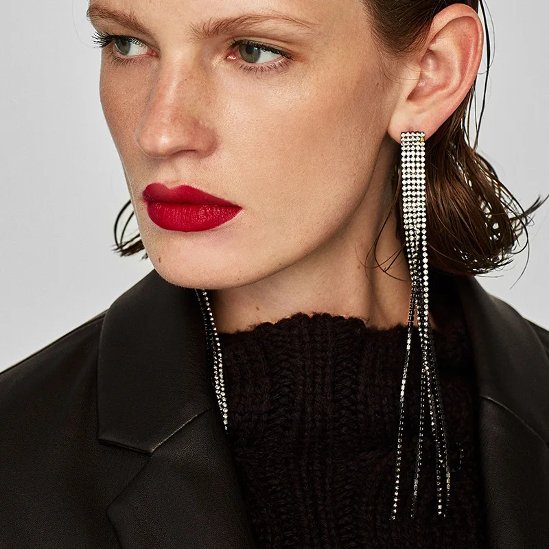 

Женские супер длинные необычные серьги для вечерние ринки свадьбы модные трендовые черные золотые серьги Стразы Висячие для женщин ювелир...