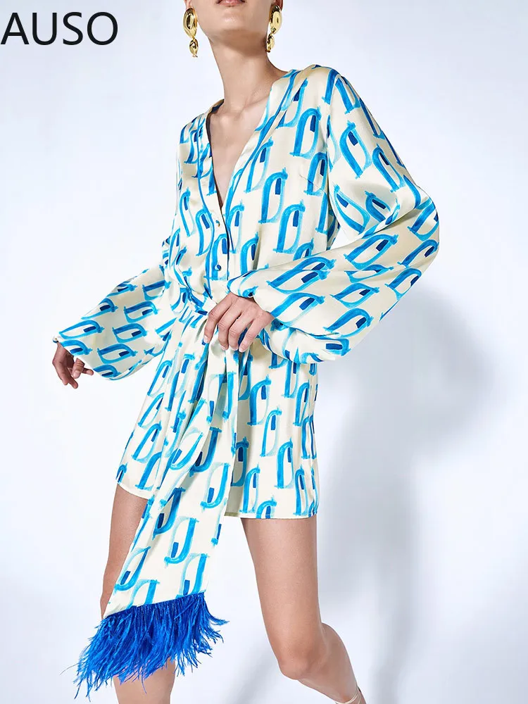 

Summer Satin Printed Mini Dresses For Women Elegant V-Neck Lace Up With Feather Dress Female 2022 Lady Party Vocation Clothes