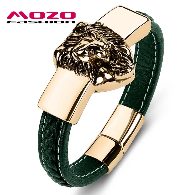 

MOZO FASHION Stainless Steel Charm Magnetic Multi Color Unisex Lion Bracelet Genuine Leather Braided Trendy Jewelry Gifts