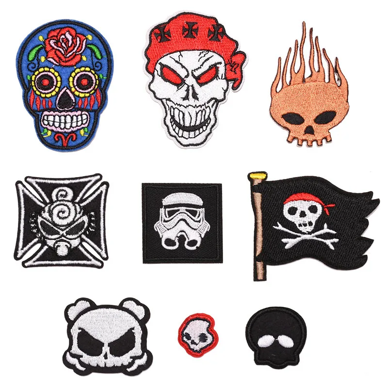 

Round Skull Embroidered Cloth Patch Yellow Flame Man Adhesive Ironing Cloth Sticker DIY Shoes Hat Bag Punk Rock Sew Badge Decor