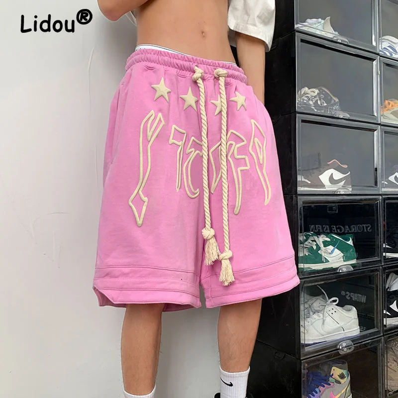 

High Street Casual American Printing Loose Sports Shorts Summer New Breathable Waist Drawstring Fashion Slit Straight Pants