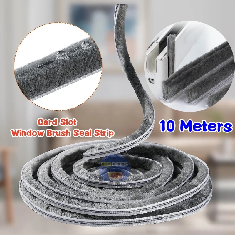 

New 10M Aluminum Sliding Door Window Brush Seal Strip Weatherstrip Draught Excluder Dustproof Card Slot Sealing Tape Door Gasket