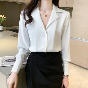 White Women Shirts Suit Collar Long-sleeve Blouse 2022 Spring Solid Button Up Shirt Elegant Ladies T