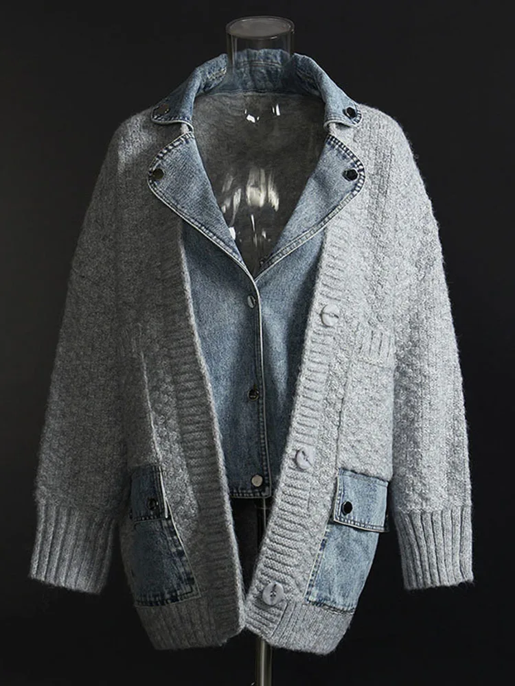 [EAM] Свободная вязанная джинсовая куртка большого размера Новое Женское пальто с