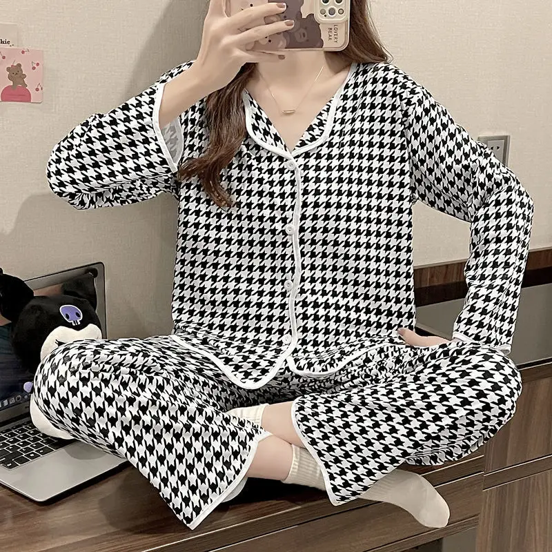 Женский пижамный комплект SUO & CHAO, пижама с длинным рукавом, V-образным вырезом, топ и штаны, пижама с принтом, ночная рубашка, одежда для сна, домашняя одежда, новинка 2023