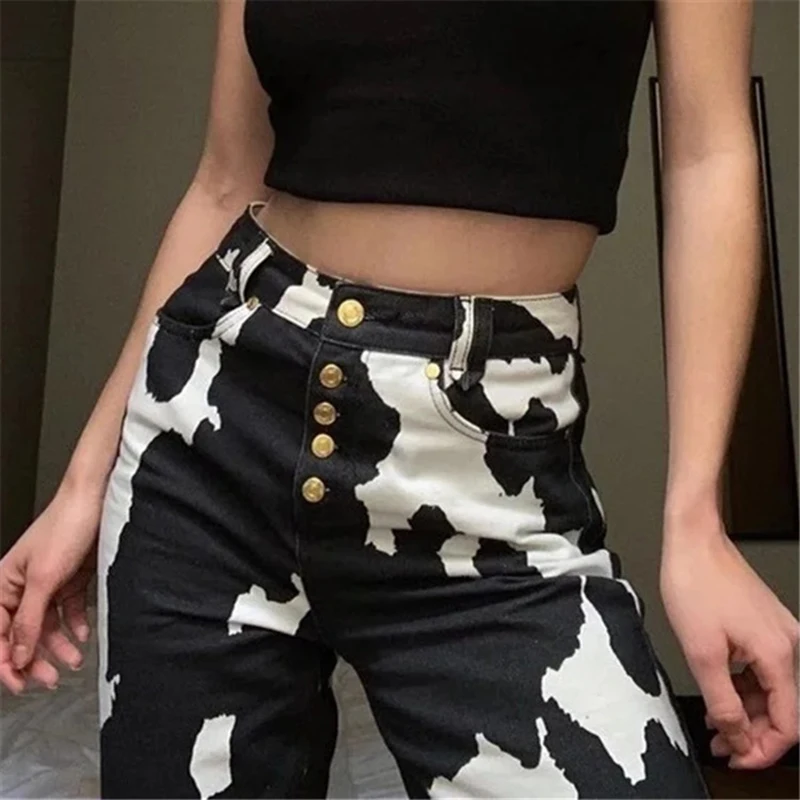 

Y2k Woman Pants Sexy High Waisted Pants Straight Trousers Cow Pattern Leg Street Style Single Breasted Printed Womens Trousers