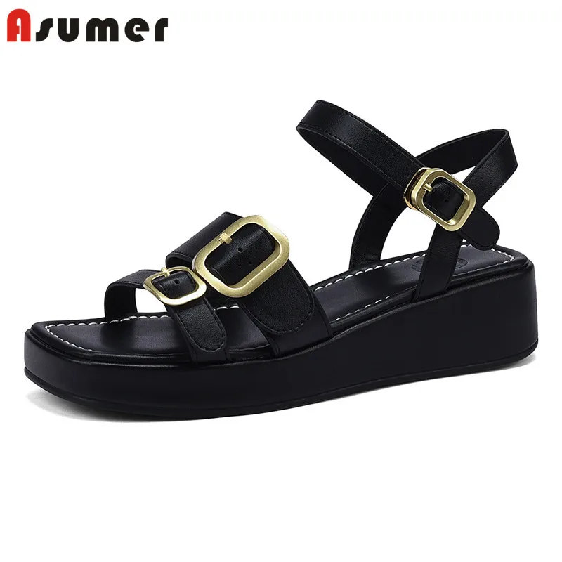 

ASUMER Size 35-40 New Genuine Leather Sandals Women Shoes Buckle Gladiator Sandals Solid Color Casual Summer Ladies Shoes