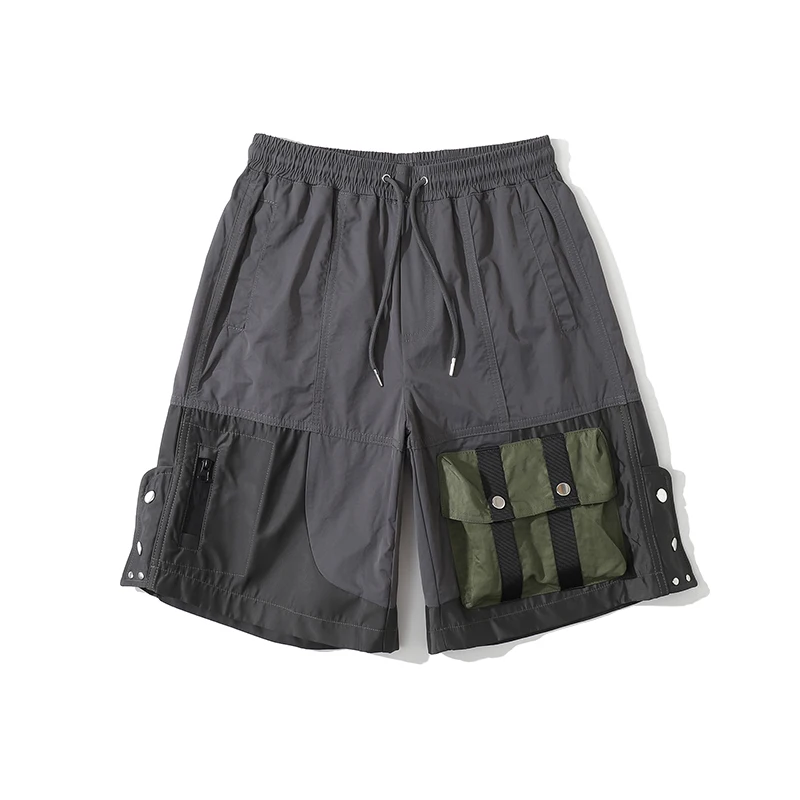 

Retro Color Block Spliced Pockets Casual Cargo Shorts for Men Hip Hop Loose Drawstring Five Point Pants Loose Summer Short