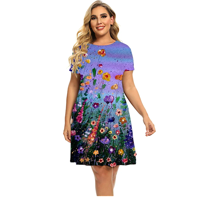 

Dresses For Women 2022 3D Flowers Print Purple Dress Women Casual Short Sleeve O Neck Loose Dress Everyday Holiday Wild Clothing