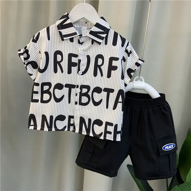 Boy's Shirt Suit 2022 New Children's Summer Western Style Fried Street Short Sleeve Baby Cool Handsome Clothes