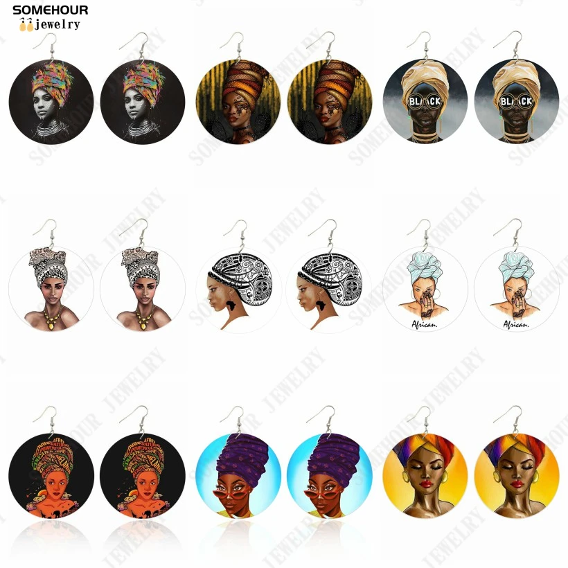 

SOMEHOUR Retro African Ethnic Headwrap Art Print Wooden Drop Earrings Black Queen Tribal Loops Dangle Jewelry For Women Gifts