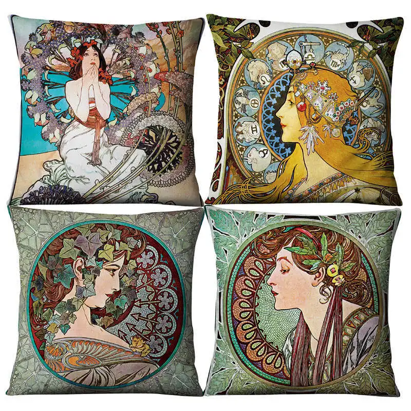 

Classical Mucha Gallery Beauty Linen Decorative Throw Green Pillows Case Set Decor Home Cartoon Cushion Covers for Sofa Car