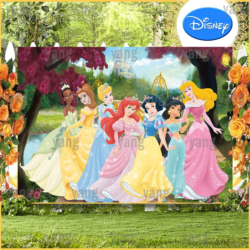 

Cartoon Disney Princess Snow White Jasmine Belle Ariel Tiana Cinderella Aurora Backdrop Birthday Party Photography Background