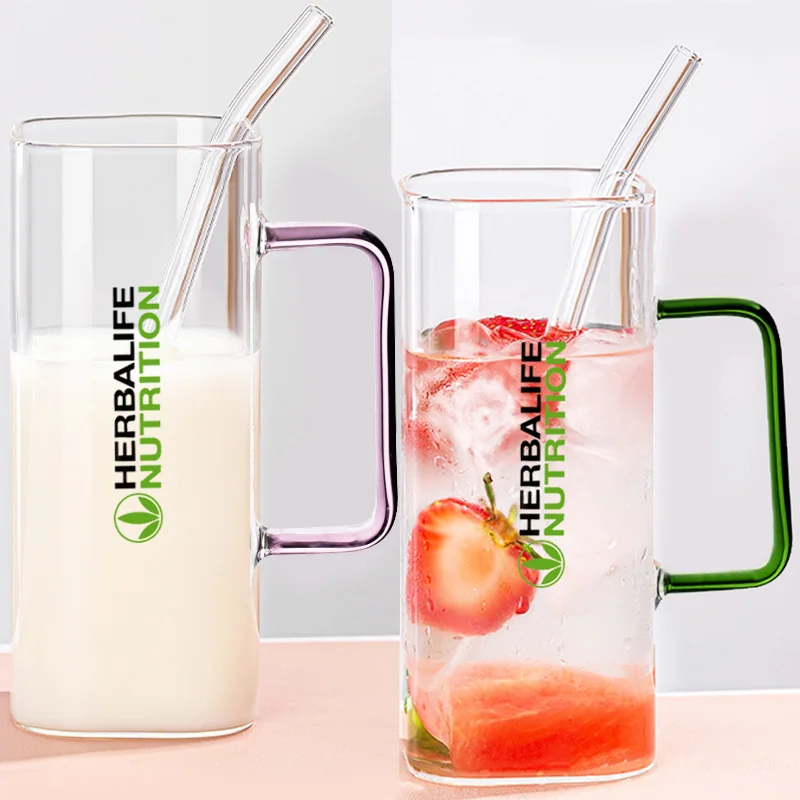 

2Glass+2 Straw Herbalife Nutrition Square Glass Cup Transparent Drinking Utensil Coffee Wine Milk Beer Cola Juice Handmade Can