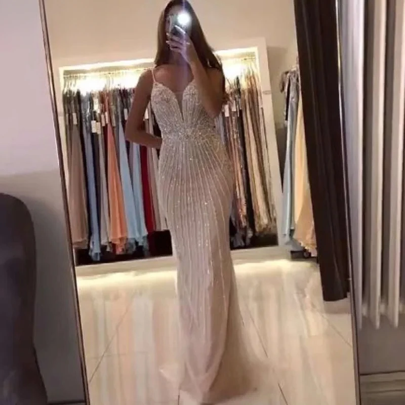 

Champagne Sexy Mermaid Beaded Formal Evening Dresses Customized Best Price Women Gowns Ladies Clothing For Party Wear