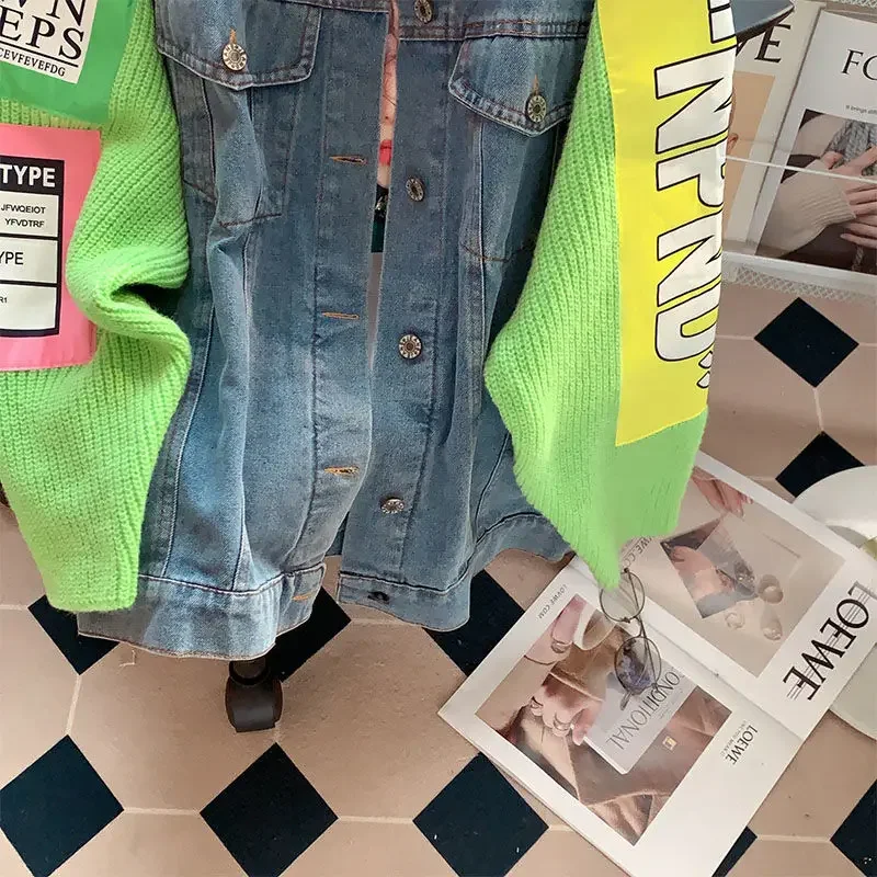 Женская розовая вязаная джинсовая куртка с прострочкой свободная верхняя одежда