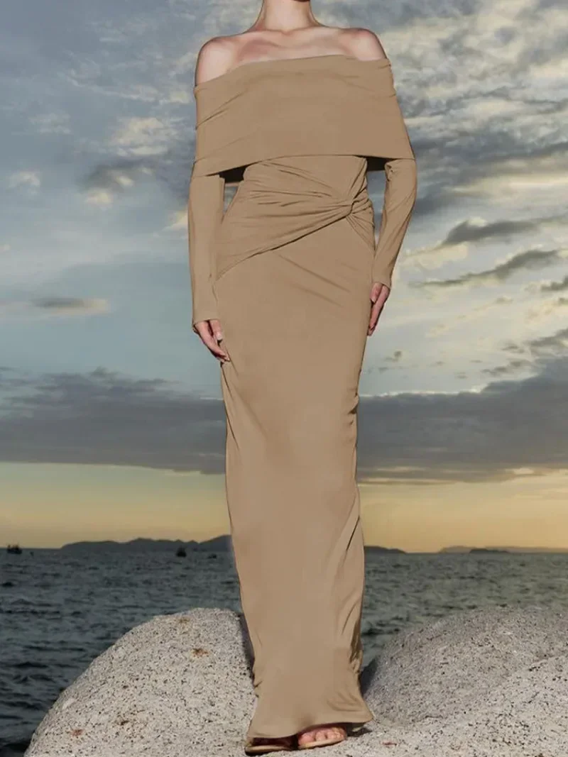 

Женское длинное платье с открытыми плечами, элегантное облегающее однотонное вечернее платье с воротником-лодочкой и высокой талией, со складками, в уличном стиле, Осень-зима 2023