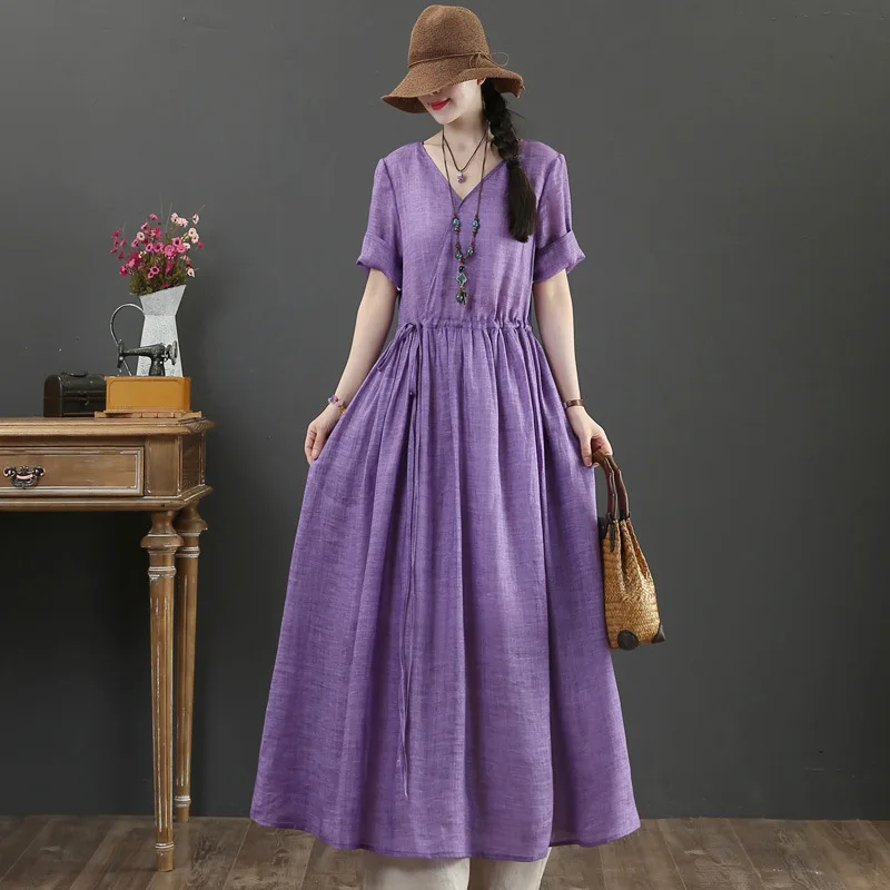 

Vintage Cotton Linen Short Sleeve Dress Women 2022 Summer Female Casual Solid Elegant V-neck Collar Elastic Waist Loose Dresses
