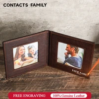 retro double photo frame opening folding collage picture holder genuine leather photo stand for desktop display home decoration