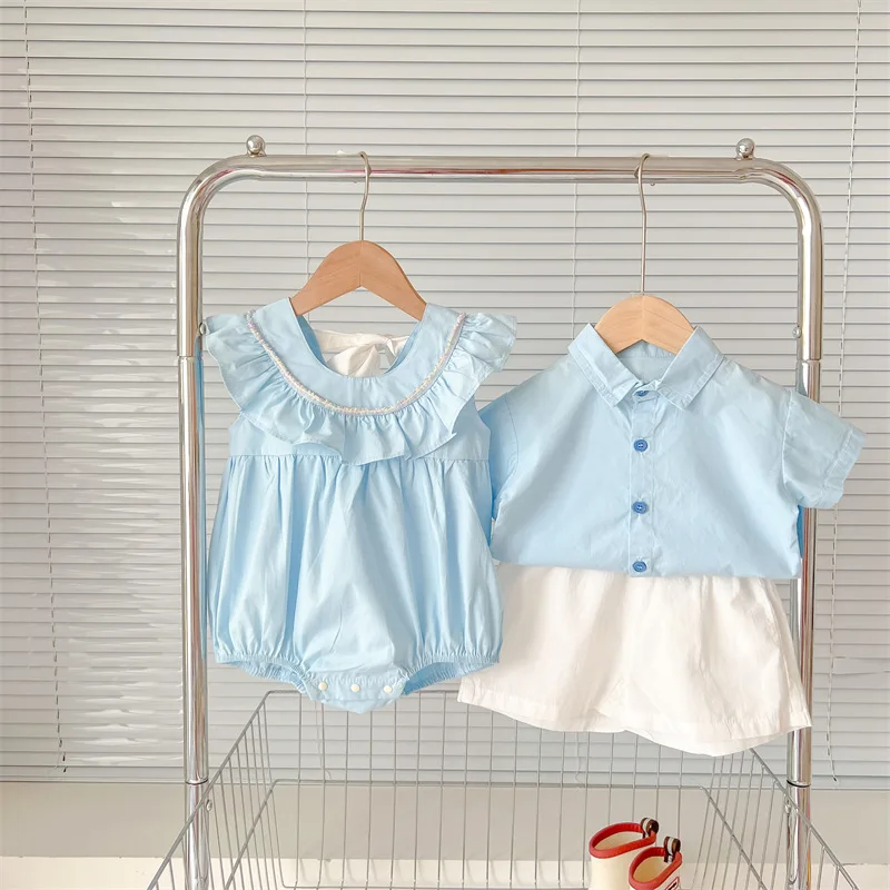 RiniKinda 2022 Summer Baby Brother Sister Matching Clothes Newborn Infant Solid Romper Overalls Toddler Outfits Baby Boys Suit