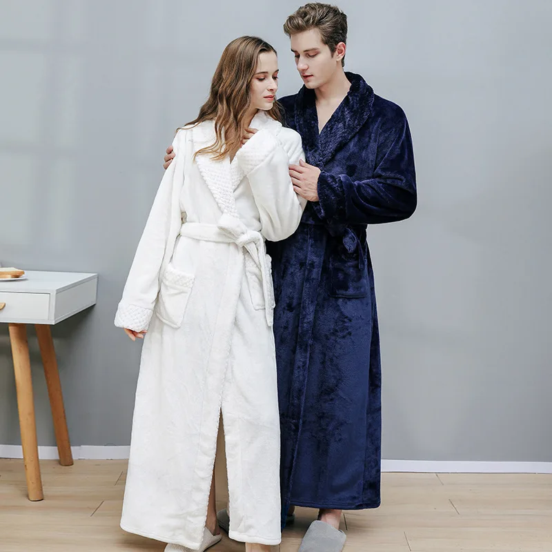 

Autumn and Winter Flannel Nightgown Hooded Bathrobe Coral Velvet Men Thickened Warm Comfort Extended Couple Yukata Ladies