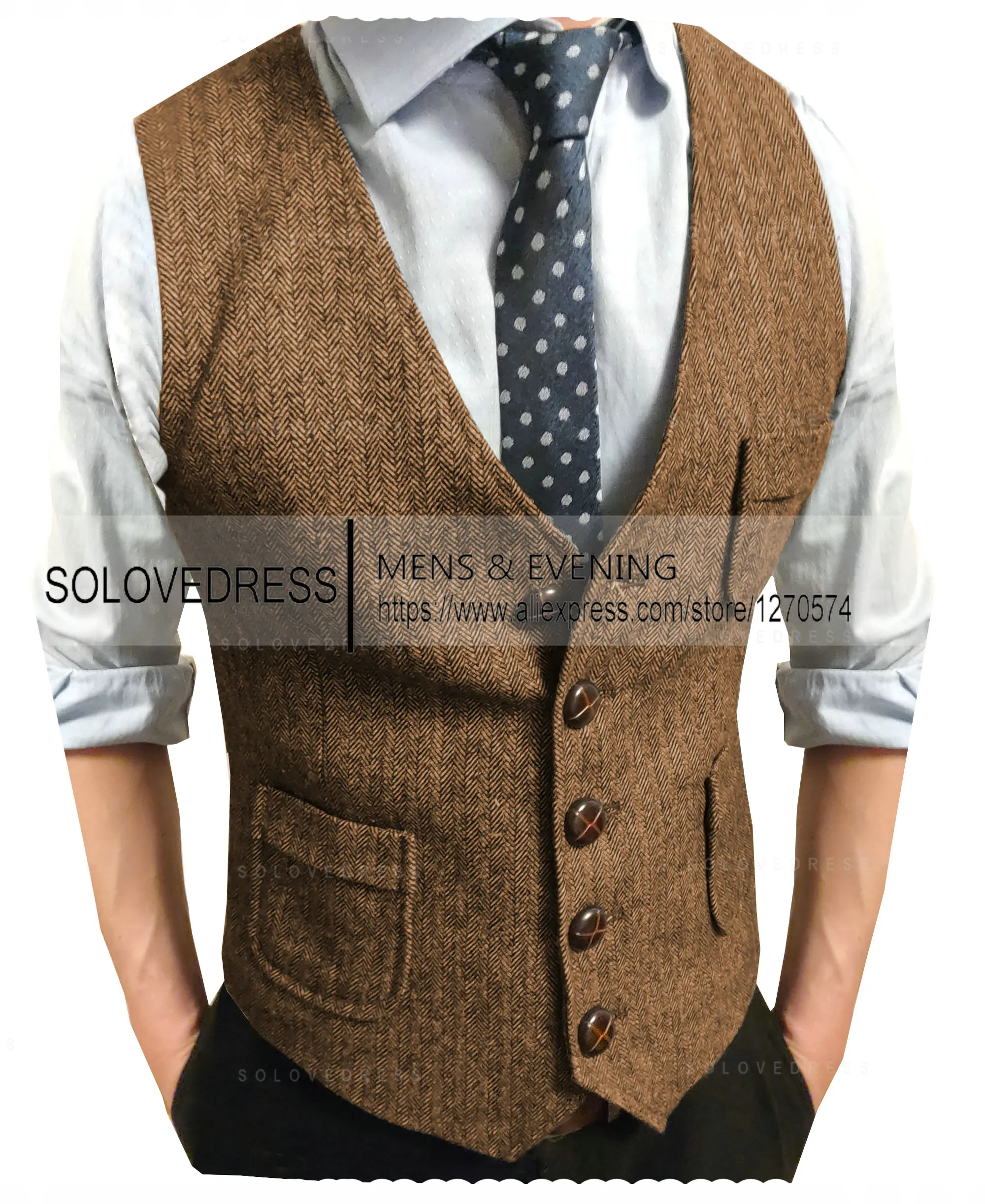 Мужской костюм жилет с V-образным вырезом и зубчатыми лацканами приталенный