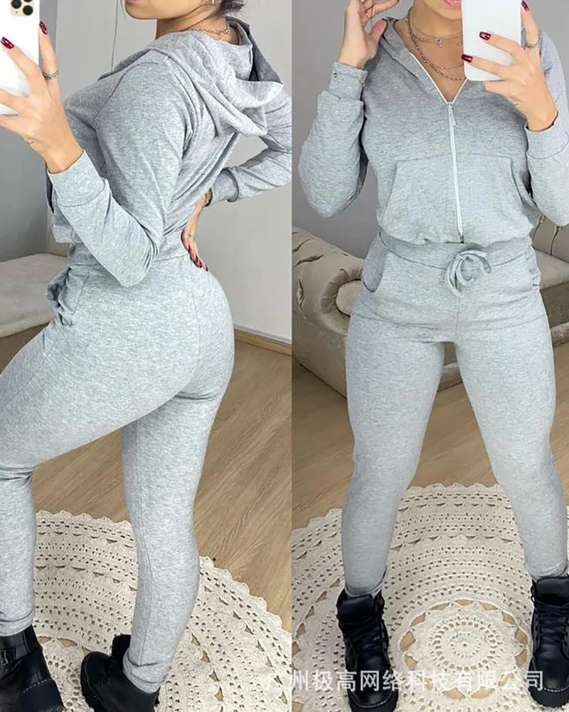

Women's 2023 new light gray casual hooded cardigan suit trousers