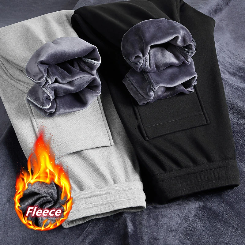 

Мужские Зимние флисовые Теплые эластичные повседневные брюки, утепленные свободные прямые флисовые брюки, мужские облегающие брюки черног...