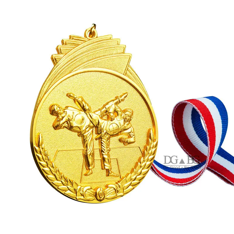 Taekwondo Gold Medal with Red White Blue Neck Ribbon Award Trophy Gift Prize Silver Various Souvenir School Sports Customized