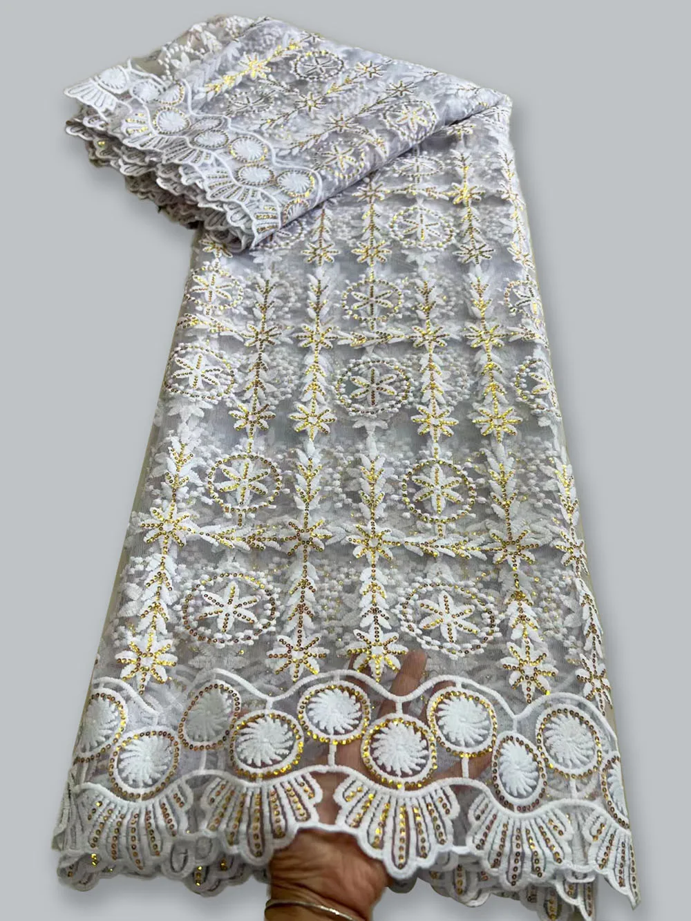 

Wonderful White Base French Mesh Lace Fabric With Golden Sequins Net Lace Embroidery 5yards/Pcs For DIY Daily Dress 06M1