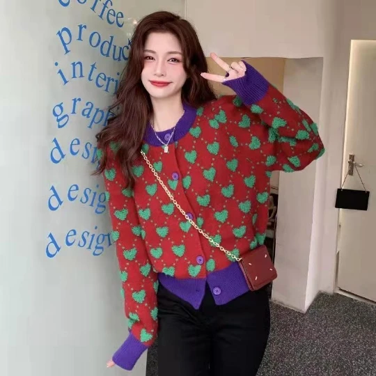

Red Love Heart Knitted Women Sweater Lady Coat Cardigan Woman Sweaters Female Jumpers Overcoat Jacket Girl Fall Cloth Tops