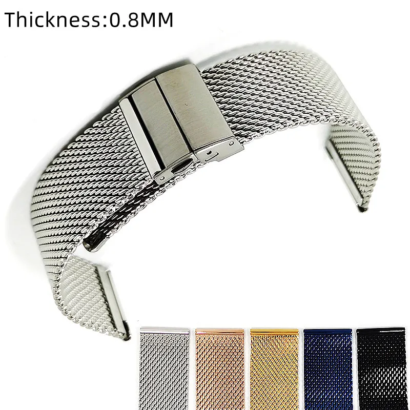 Thickness 0.8MM 20PCS/Lot Mesh Milanese Watch Band 12MM 14MM 16MM 18MM 20MM 22MM Deployment Clasp Stainless Steel Watch Strap