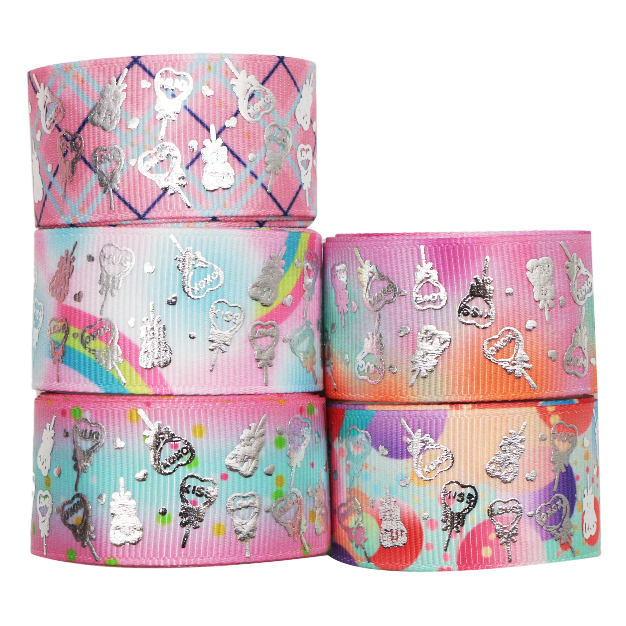 

50 Yards 25mm Valentines Day Silver Foil Grosgrain Ribbons DIY Hair Bow Gift Wrap Ribbon For Party Decoration,50Yc15689