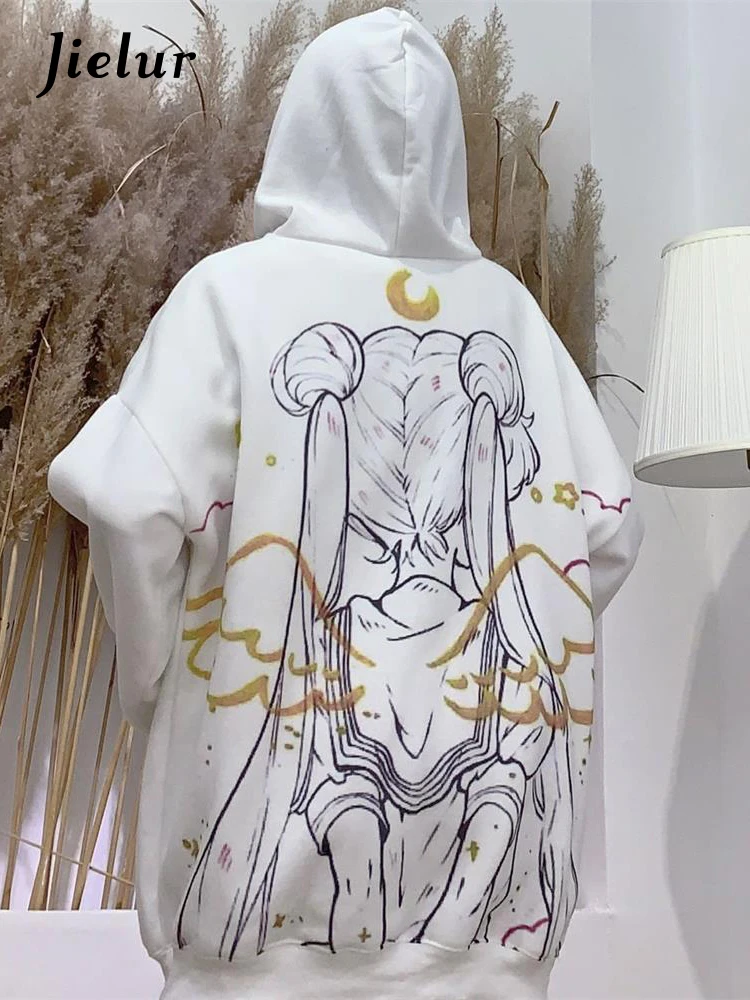 

Jielur Cartoon Print Hoodies Women Long Sleeve Autumn Winter Sweatshirts Harajuku Cute Kawaii Tops Oversize Pullover Streetwear