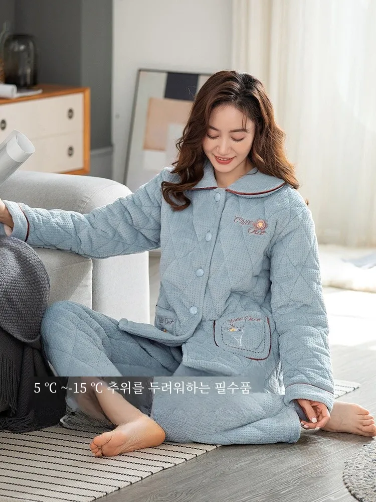 Pajamas Women Winter Sle Coral Fleece Three-Layer Quilted Fleece-lined Thickened Extra Thick Plus size Hunan Province Casua...