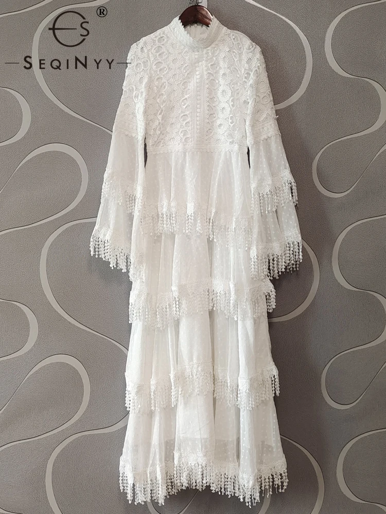 

Женское длинное платье в горошек SEQINYY, белое кружевное ажурное платье с бахромой и Расклешенным рукавом, весна-осень