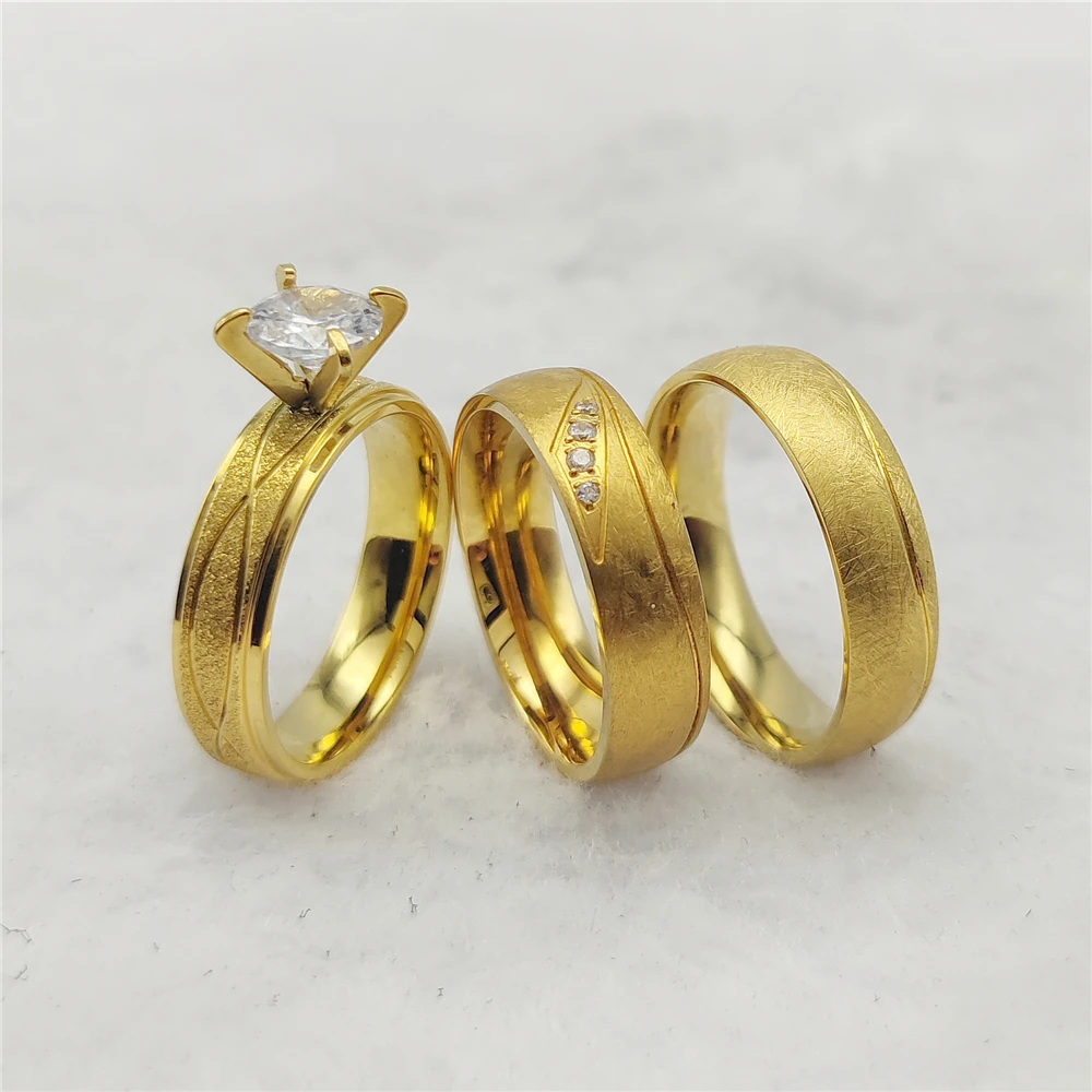 Modern Fashion Jewelry Gold Plated Cz Diamond Engagement Ring Wedding Bridal Sets Couples Promise