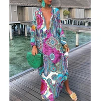 2022 new autumn fashion loose maxi dress women beach style allover print deep v neck button front long sleeve shirt dress