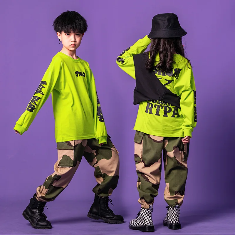 

Детский Камуфляжный костюм для девочек и мальчиков, повседневный спортивный костюм, футболка с длинным рукавом, штаны-карго, Детская уличная одежда, спортивный костюм для танцев в стиле хип-хоп