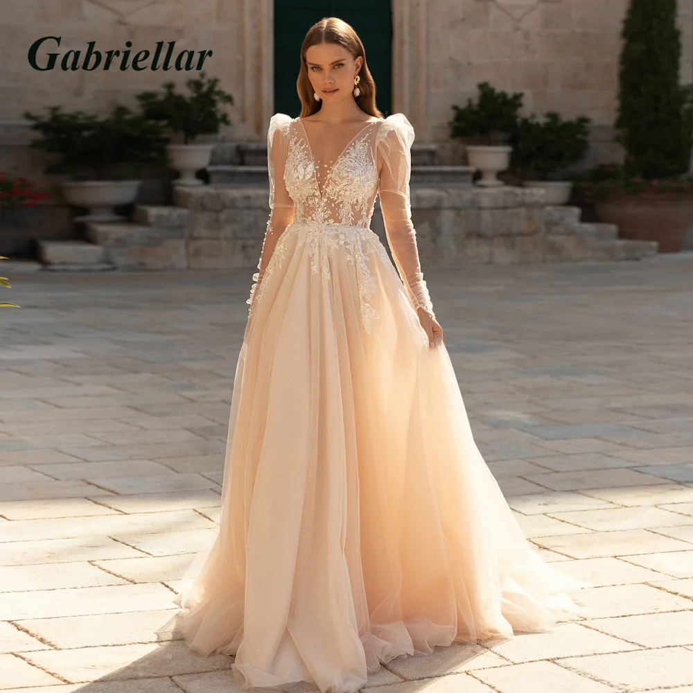 

Gabriellar Wedding Dress Illusion V-Neck Beads Long Sleeves Backless A-line Button Built-in Bra Vestido De Novia 2023 Women