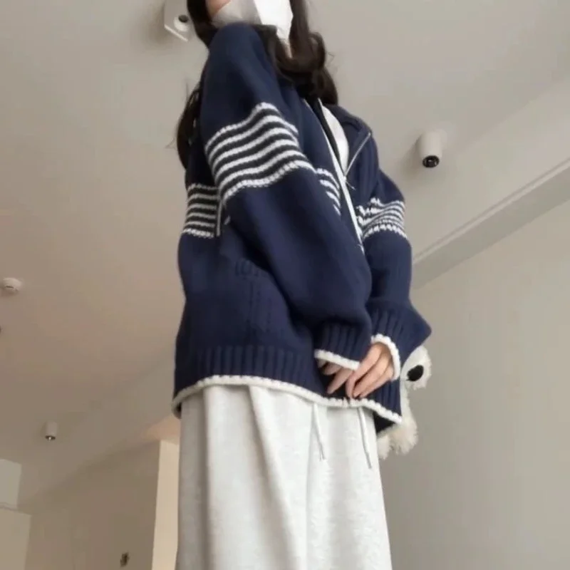 Женский вязаный кардиган в полоску с капюшоном Deeptown винтажный корейский модный