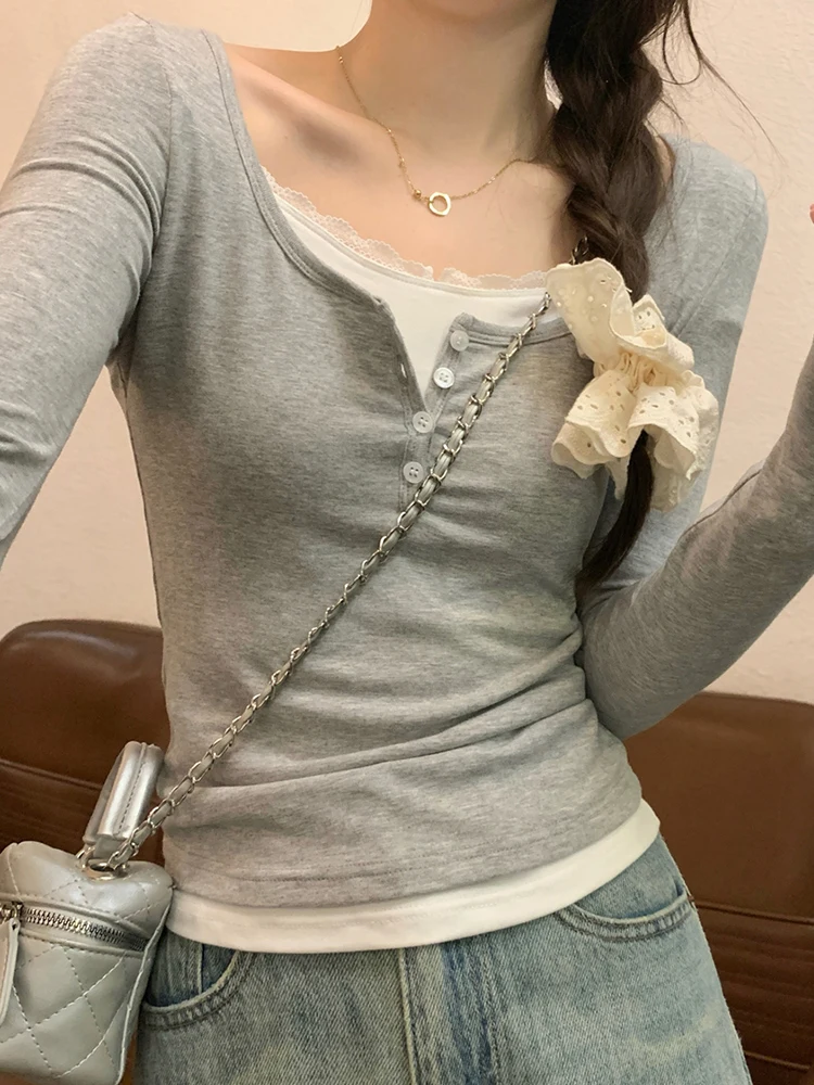 Контрастный цвет кружевная строчка квадратный воротник длинный рукав